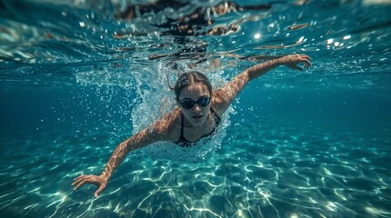 Underwater Swimming Woman in Crystal Clear Blue Water with Goggles