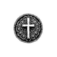 Monochrome illustration of a Christian cross with intricate floral design background