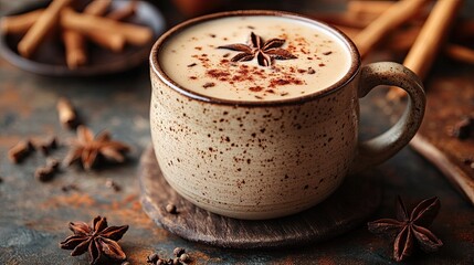 Clay Mug of Spiced Chai Tea with Aromatic Spices for Cozy and Inviting Beverage Photography