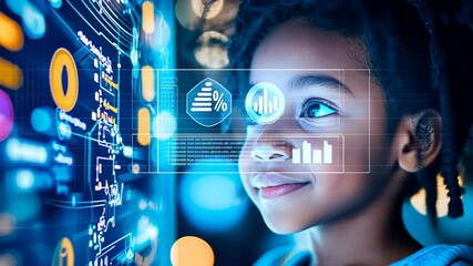 Child interacting with futuristic digital interface, data visualization and innovation - Powered by Adobe
