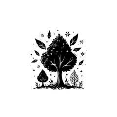 Minimalist Black and White Trees Illustration with Leaves and Floral Elements