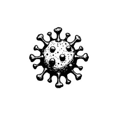 Detailed black and white hand drawn illustration of a coronavirus cell