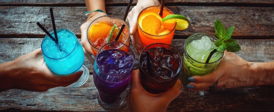 The vibrant collection of colorful cocktails in a cheerful gathering