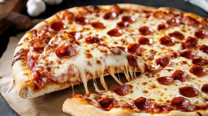 A mouthwatering pepperoni pizza that is freshly baked, displaying gooey cheese, spicy pepperoni slices, and a crispy crust, perfect for pizza lovers everywhere.