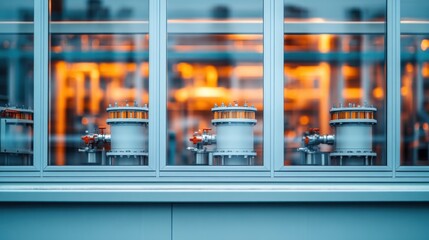 A modern industrial facility with machinery visible through large glass windows, illuminated by warm interior lighting.
