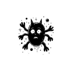 Spooky black and white cartoon monster with surprised expression and multiple arms