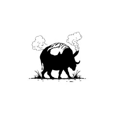 Silhouette of a smoking bull standing in grass against a white background