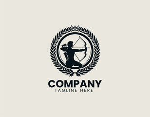 Elegant Archer Silhouette Drawing Bow Gracefully Surrounded by Laurel Wreath Vector Logo Design