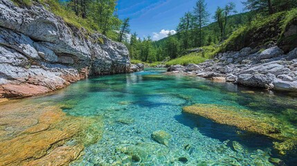 Clear Blue River Running Through Rocky Terrain
