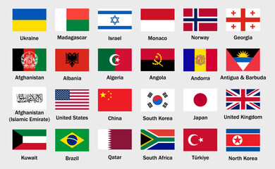 Collection of world country flags including USA, China, UK, Japan, South Korea, Brazil, and others. Flat national flags for political, travel, education, or global themes. Vector illustration.