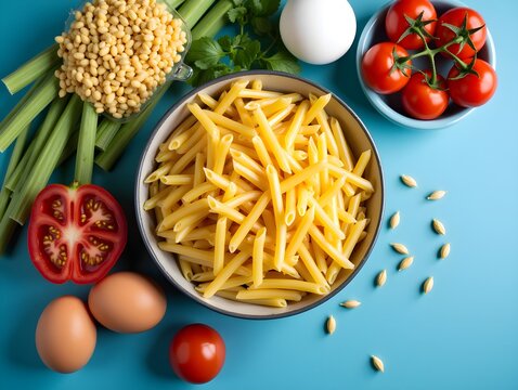 Colorful pasta, eggs, tomatoes and other ingredients on a blue background