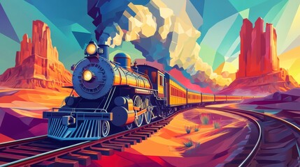 Vintage steam train journeys through a vibrant, geometric desert landscape with towering rock formations.