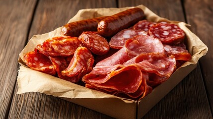 An enticing display of assorted cured meats arranged beautifully on a rustic wooden board, showcasing the art of charcuterie and culinary delight.