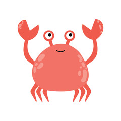 Smiling red crab character with claws up. Fun sea animal illustration Isolated on white background.