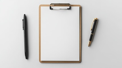Clipboard with Blank White Paper Sheet and Pen Laying on White Background for Office Use