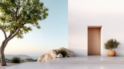 A striking architectural setup featuring a simplistic white wall, a smooth surface, and strategically placed greenery, offering a serene view of the distant landscape.