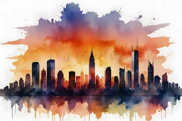 A skyline with various skyscrapers at sunset in watercolor style