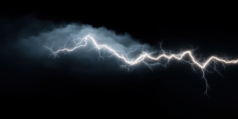 Dramatic lightning bolt across stormy night sky with dark clouds