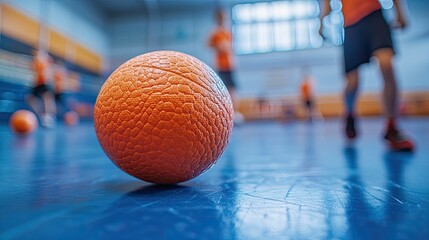 Close-Up Dodgeball on Gymnasium Floor, Blurred Background Shows Players in Action 
