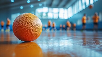 Close-Up Dodgeball on Gymnasium Floor, Blurred Background Shows Players in Action 