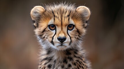 Close-up headshot of a young cheetah cub with striking eyes. 