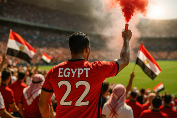 Egyptian Fan Holding Flare Among Waving Flags


