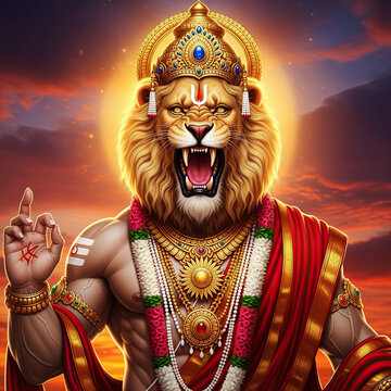 Powerful artistic depiction of lord narasimha avatar of vishnu with golden crown and divine radiance