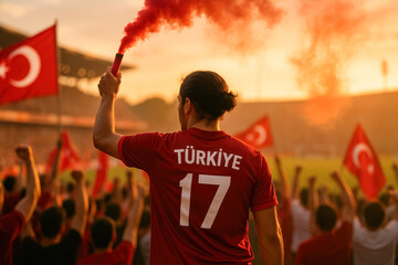 Turkish Fan with Flare at Sunset Stadium Celebration

