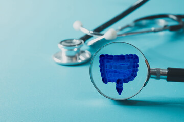 Idea for Healthcare and Medical,Wellness.,Magnifying glass focusing on a large intestine with a stethoscope in the background.Concept for gastroenterology, digestive system health,digestive wellness.