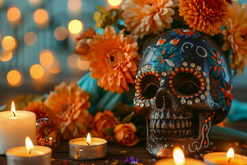 Decorated sugar skulls with marigold flowers and candles for Mexican Day of the Dead, cinco de mayo, celebration altar ritual, generative ai