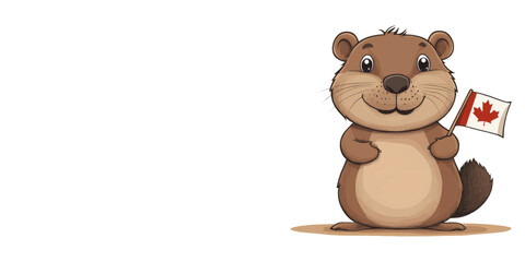 friendly cartoon beaver holds a Canadian flag, smiling. This image is perfect for websites and blogs related to Canada, Canadian culture, holidays, travel, education, and children's content.

