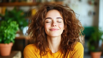 Fototapeta premium A young woman with curly hair smiles contentedly, embodying happiness and serenity. Her joyful expression radiates warmth, creating an inviting and uplifting atmosphere.