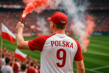Polish Fan with Red Flare at Stadium Match Celebration

