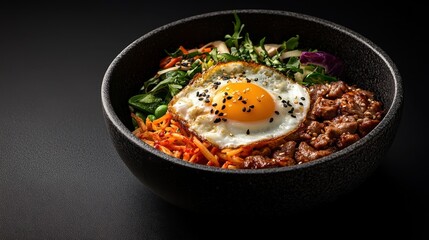 A visually appealing bowl filled with vibrant and healthy ingredients, including an egg, vegetables, and meat, showcasing the beauty of nutritious meals thoughtfully prepared.