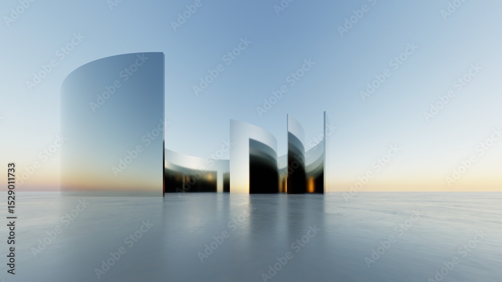 Poster 3d illustration of abstract wavy architecture background, minimal curved geometry architectural desi