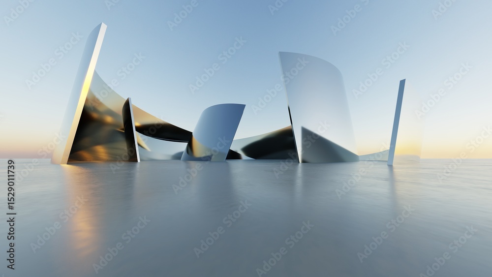 Poster 3d illustration of abstract wavy architecture background, minimal curved geometry architectural desi