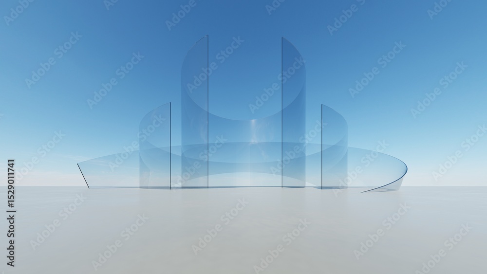 Aufkleber 3d illustration of abstract glass wavy architecture background, minimal curved geometry architectura