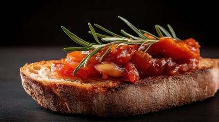 An exquisite slice of toasted bread topped with savory tomato spread and fresh rosemary, showcasing how simplicity can deliver delightful gourmet flavors.