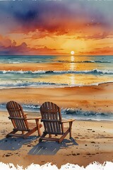 Beach chairs facing the ocean at sunset in watercolor style