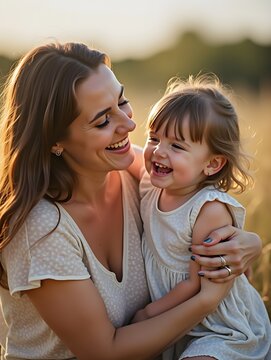 A woman and a little girl laughing together