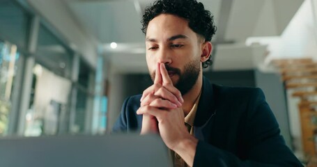 Business, thinking and man in office, laptop and contemplation with investment. Person, employee and financial advisor in workplace, decision or choice with wonder, ideas or options for profit growth