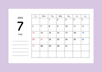 2025年カレンダー　7月