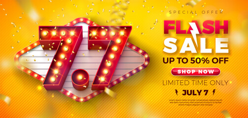 7 July Shopping Day Flash Sale Design with 3d 7.7 Number, Light Bulb Billboard and Typography Lettering on Yellow Background. Vector Summer Special Offer 50 Percent Off Campaign Discount Illustration