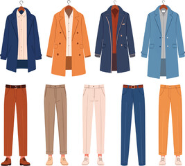 Various outfits with coats and pants hanging on hangers for clothing store display on transparent background
