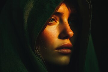 emotional portrait of a woman cloaked in shadow and sunlight, expressing quiet sadness and introspection