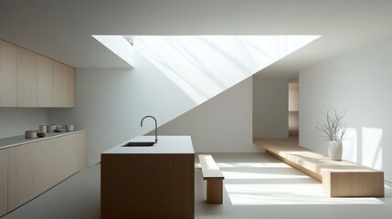 white minimalist kitchen with built-in wood cabinetry .