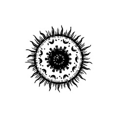 Abstract Hand-Drawn Sun with Intricate Details and Energetic Rays against White Background