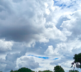 Dramatic Cloudscape with Blue Sky Streaks and Tree Silhouettes