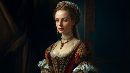 Portrait of an elegant Renaissance noblewoman in ornate historical dress, captured in rich detail with lace, jewels, and soft dramatic lighting. Woman. 1