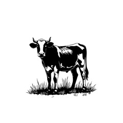 Monochrome vector illustration of a standing cow in grass, perfect for livestock visuals